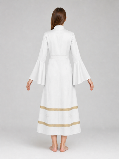 Long clergy robe with collar, buttons, and trim back view 2