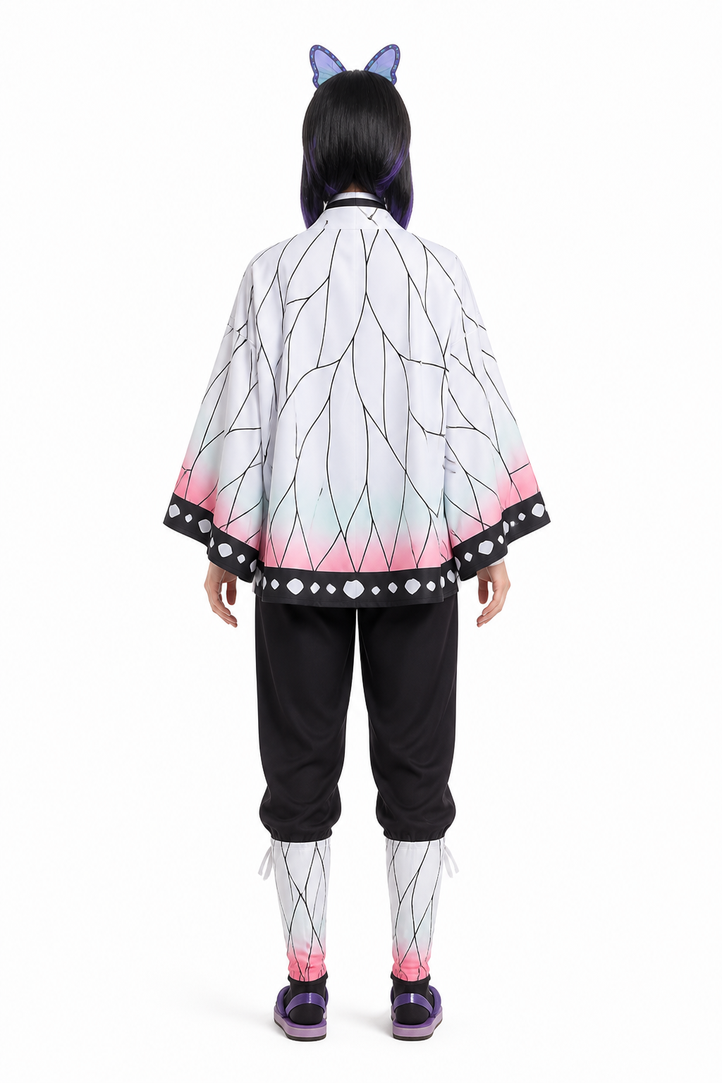 Shinobu Kochou Cosplay Costume with Cape and Wig back view