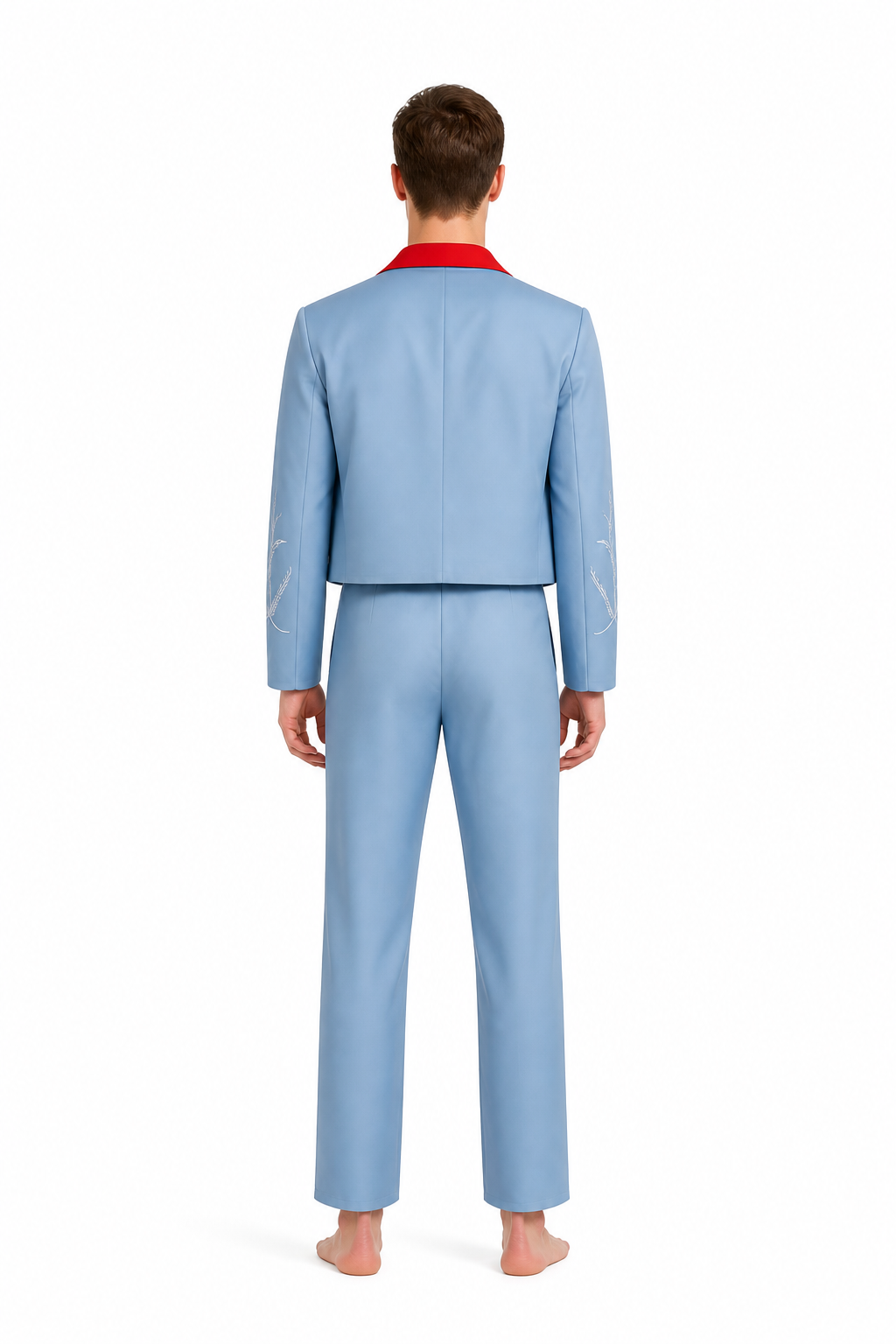 Three-piece suit with embroidery, light blue with a red shirt back view