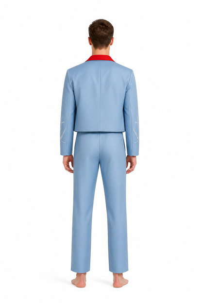 Three-piece suit with embroidery, light blue with a red shirt back view