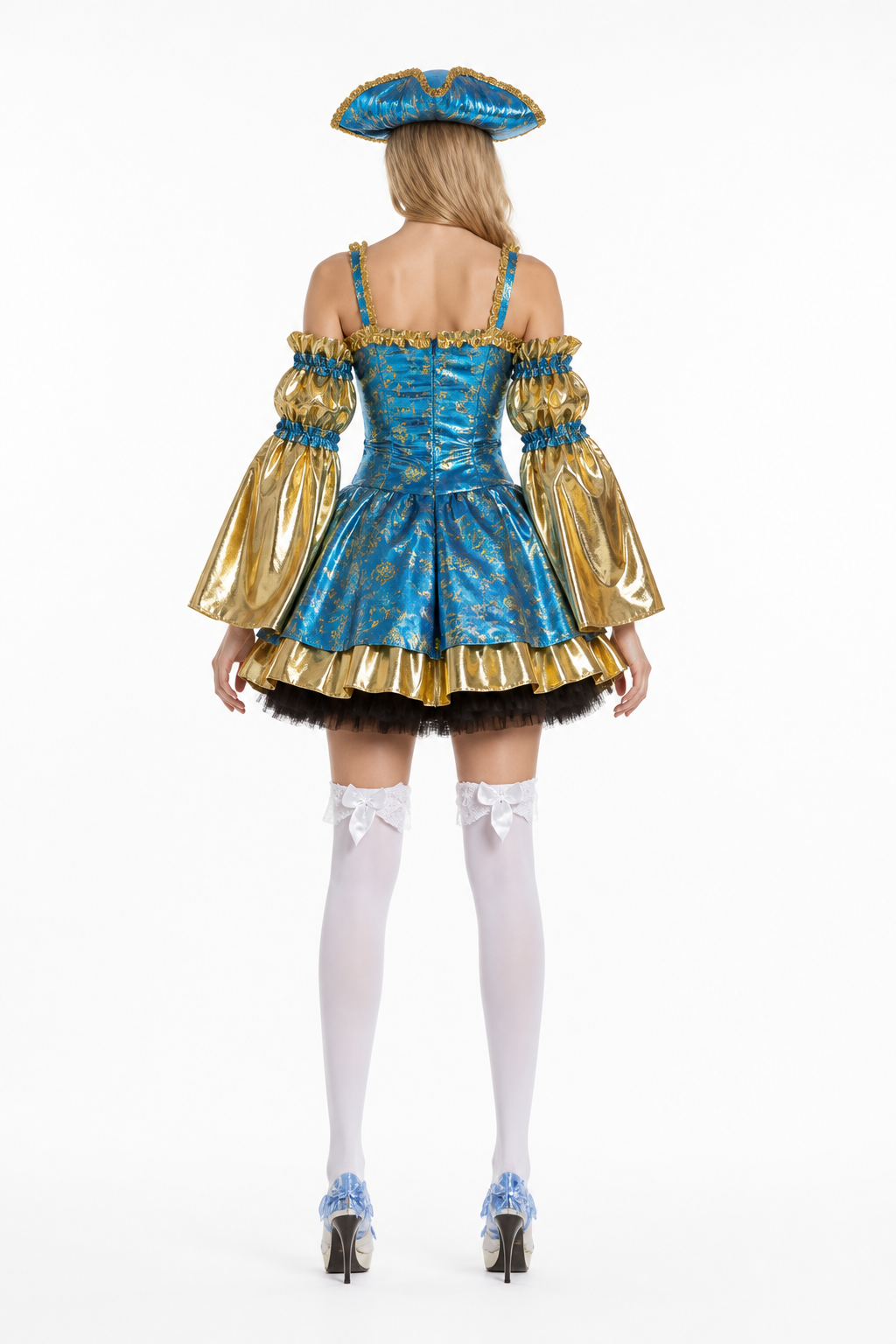 Blue and Gold Pirate Carnival Dress with a Full Skirt back view