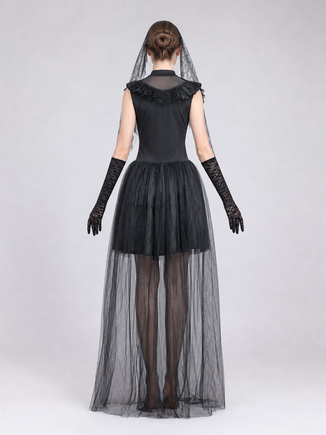Black Gothic-Style Dress with Veil and Gloves back view