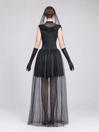 Black Gothic-Style Dress with Veil and Gloves back view