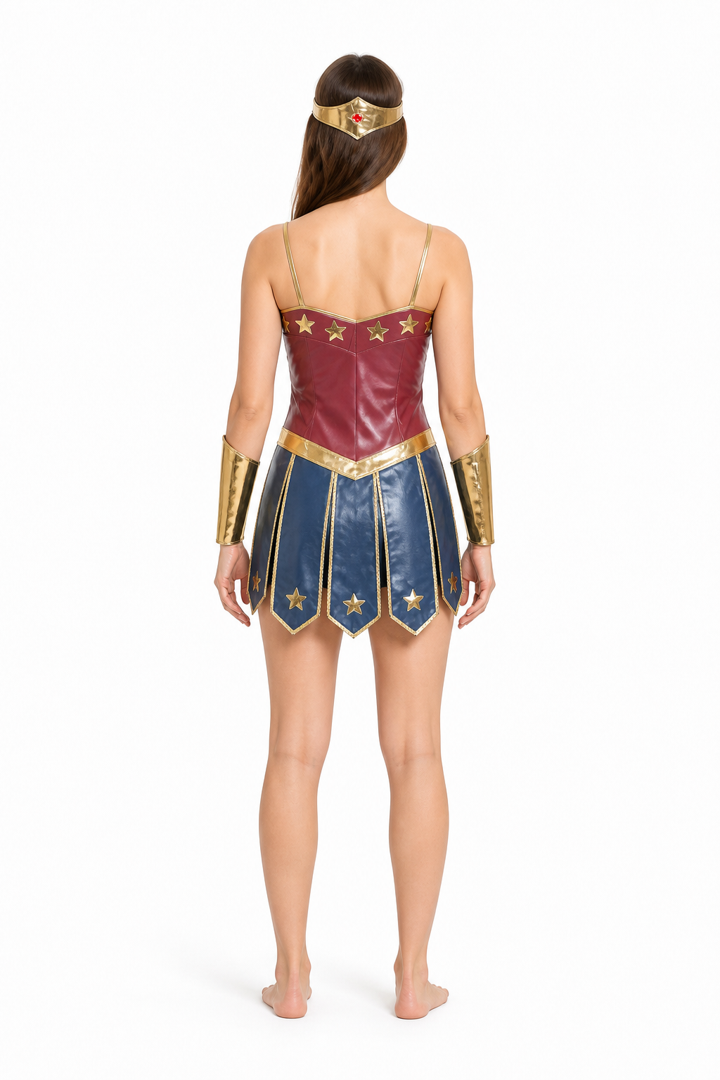 Cosplay costume with skirt, headband, and bracelets back view