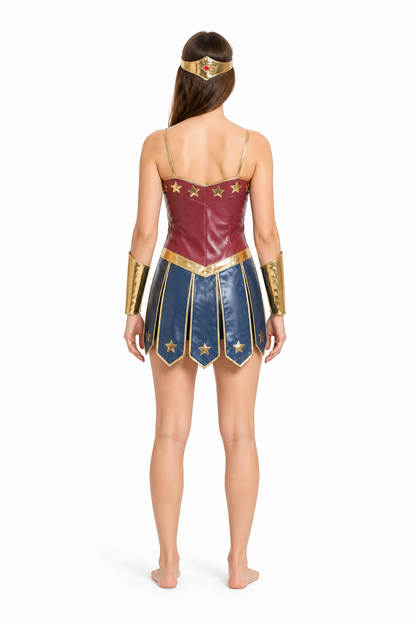 Cosplay costume with skirt, headband, and bracelets back view