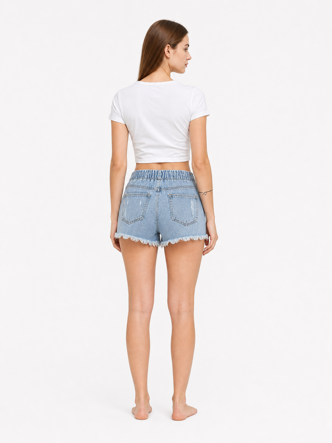 Light Blue Distressed Denim Shorts with Drawstring and Fringe back view