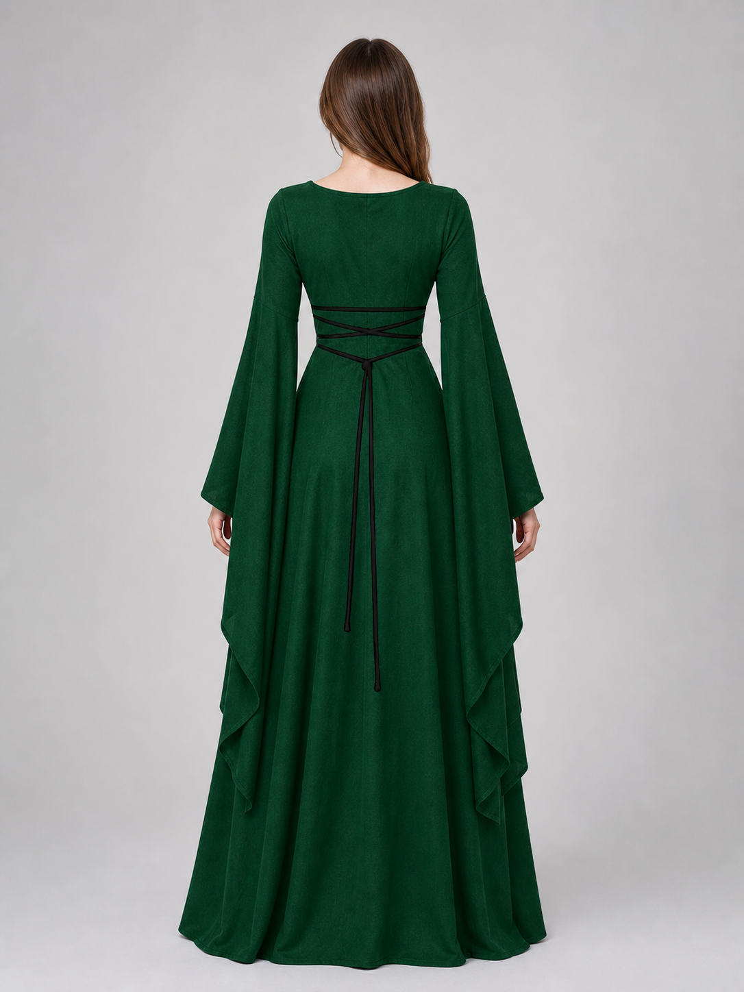 Long Dress with Sleeves and Waist Lacing