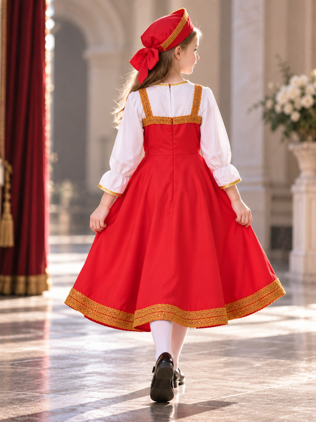 Children's Red Stage Costume with Headpiece back view