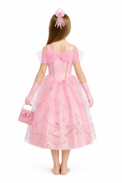 Pink Puffy Girls' Dress with Handbag and Gloves back view
