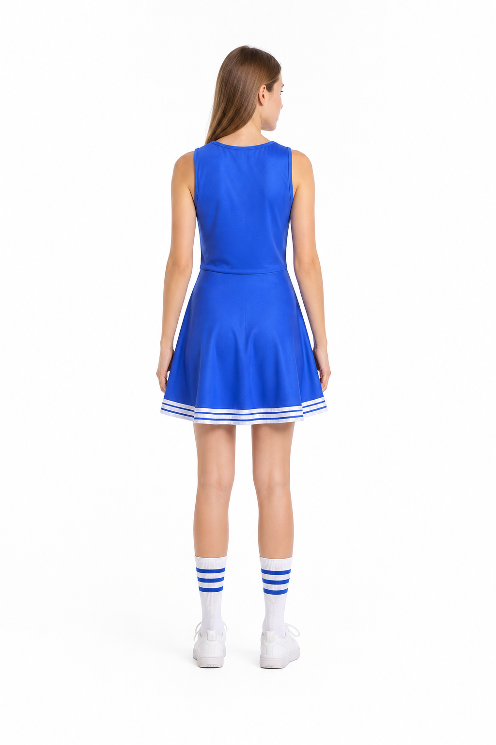 Blue and White Children's Cheerleading Dress with CHEERS back view