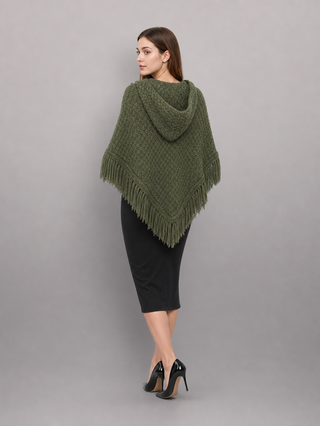 Triangular Hooded Poncho Cape with Belt