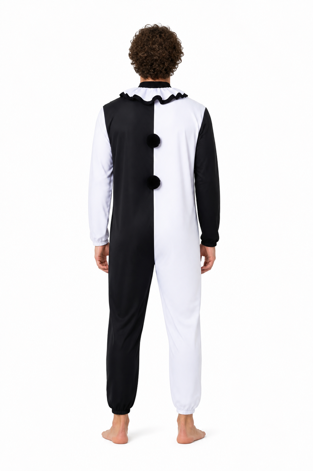 Black-and-White Clown Jumpsuit with Ruffled Collar for Halloween back view