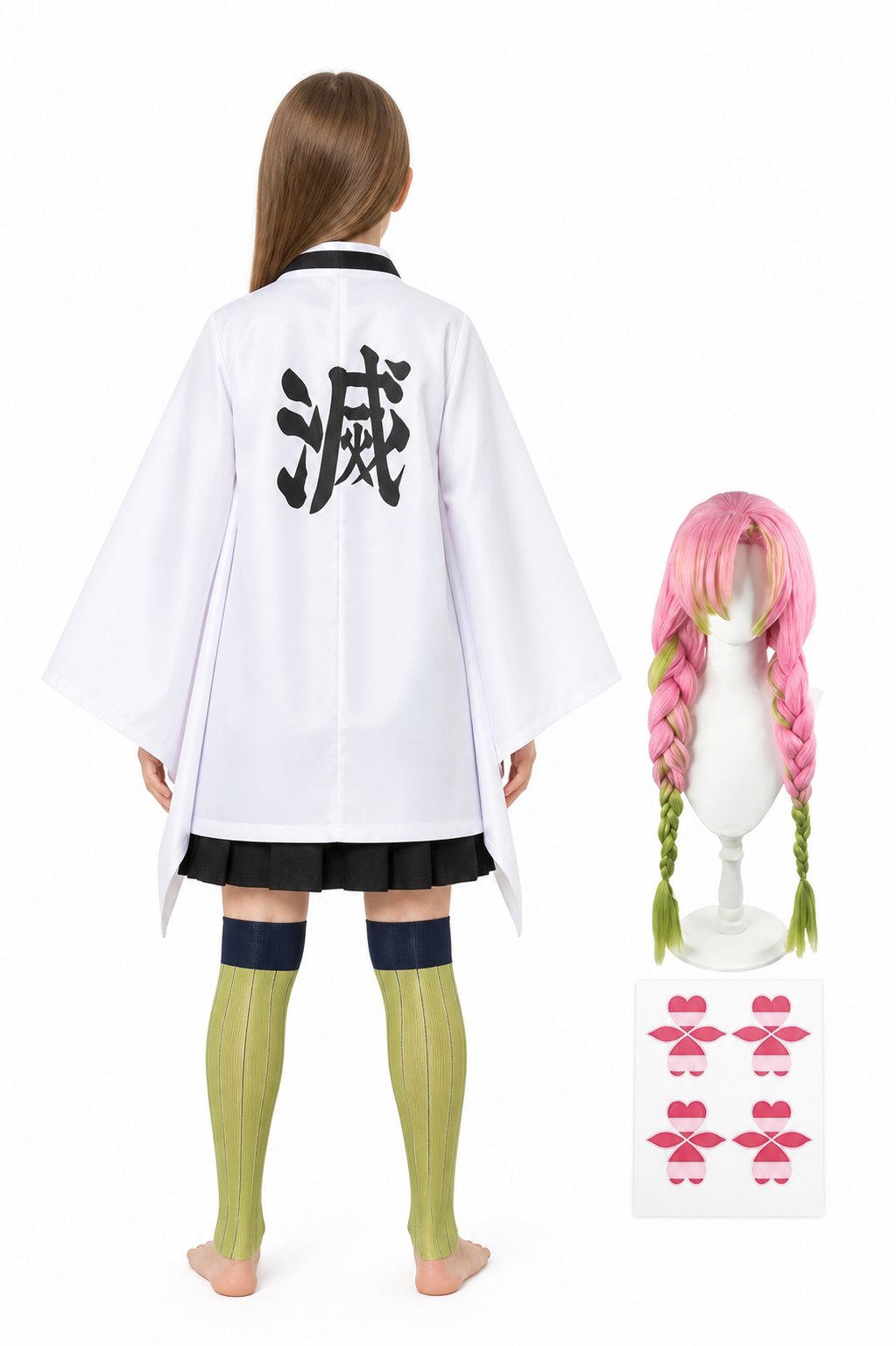Mitsuri Cosplay Costume with White Cape and Wig back view
