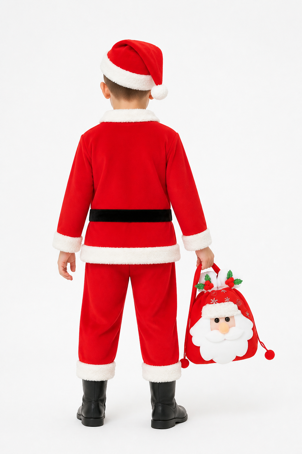 Red Santa Claus Costume with Hat and Bag back view
