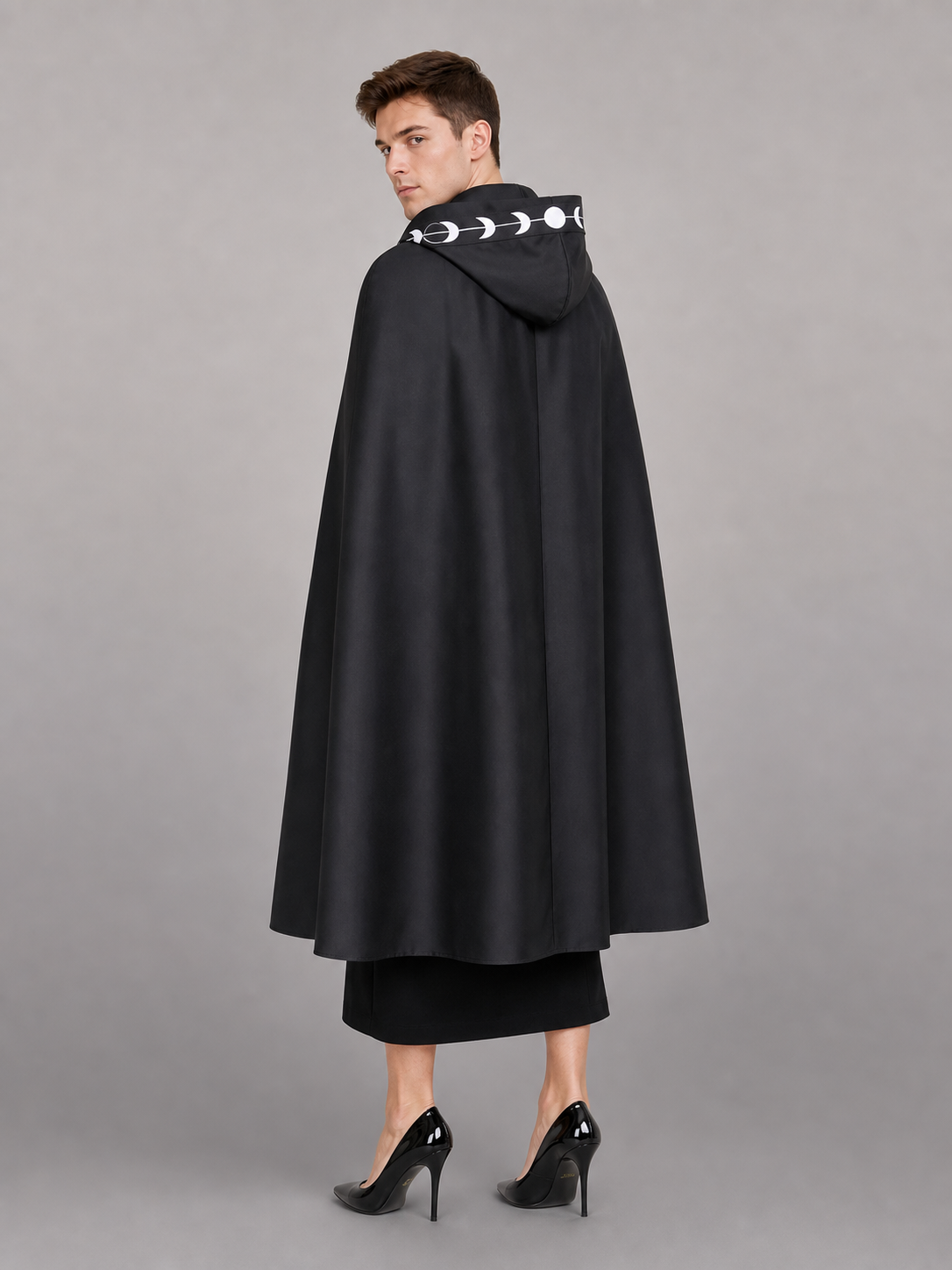Black Carnival Cloak with Hood, Moon Pattern