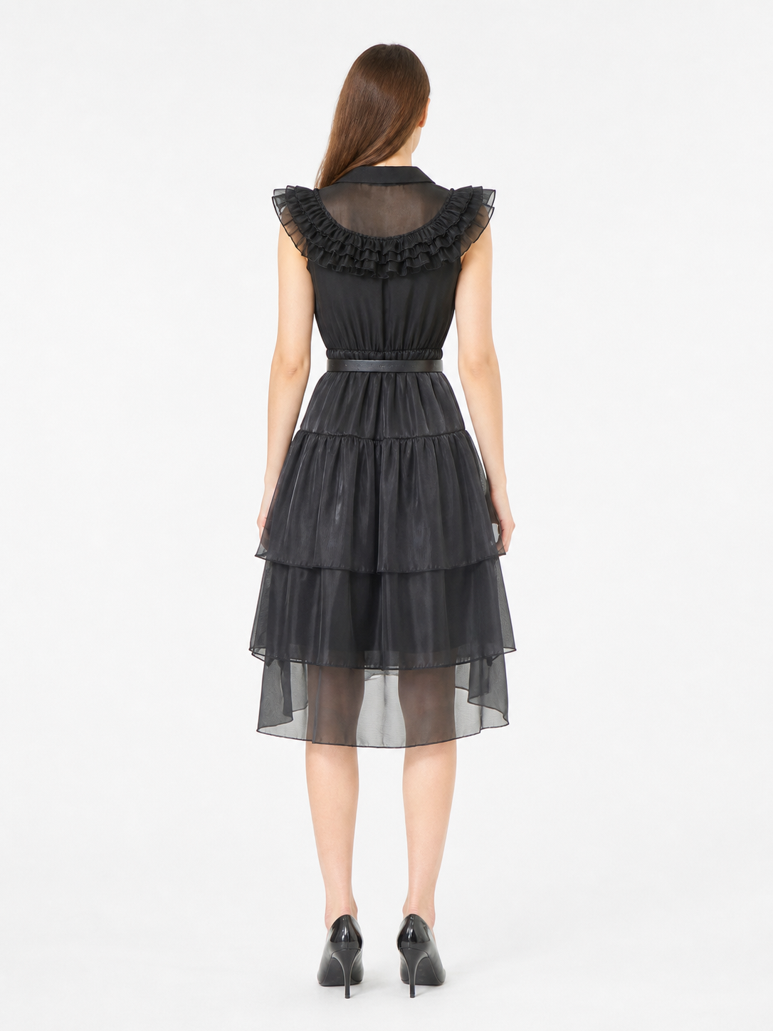 Black Dress with Tiered Skirt and Ruffles back view