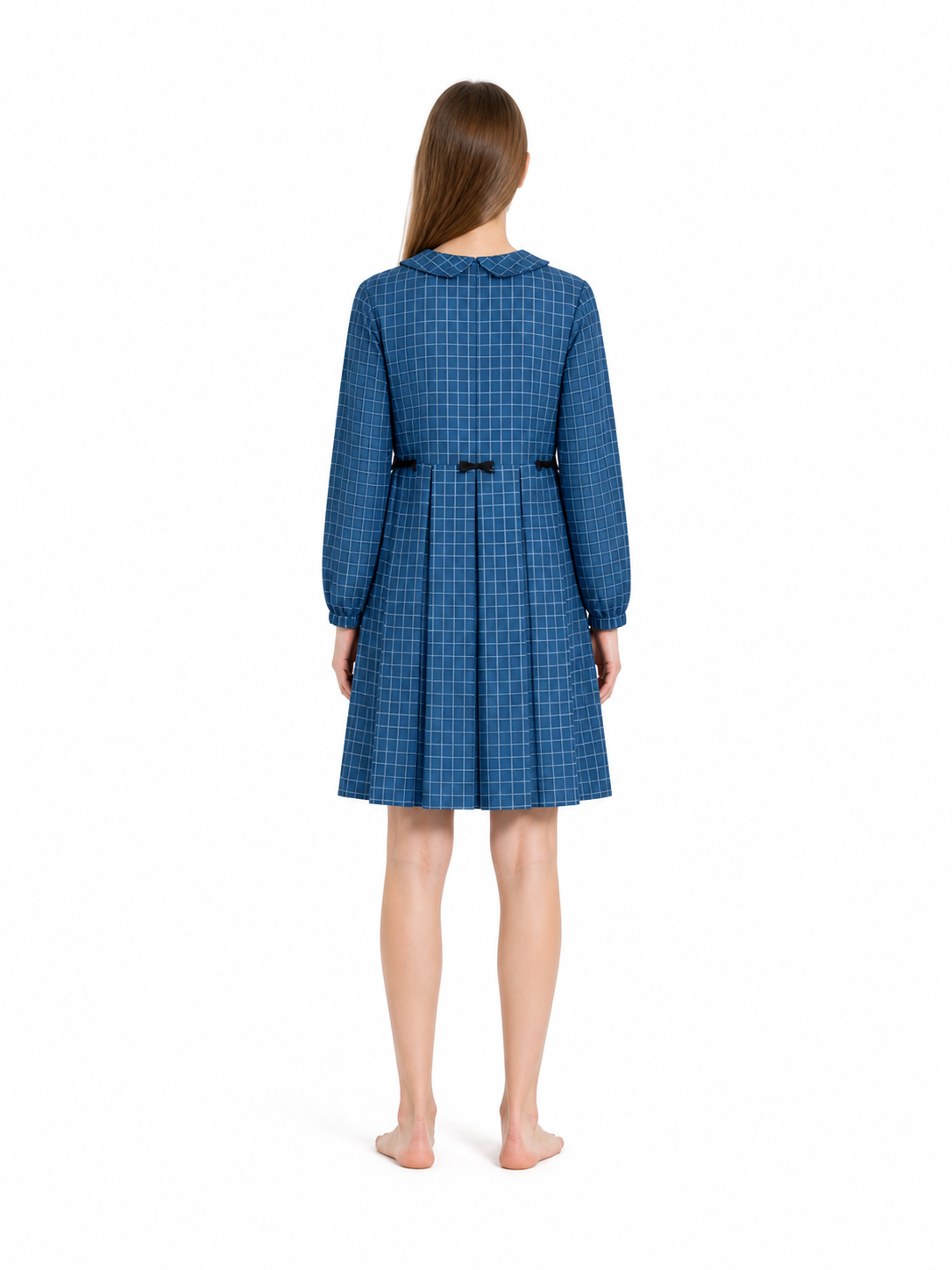 Blue Plaid Dress with Bows and Long Sleeves