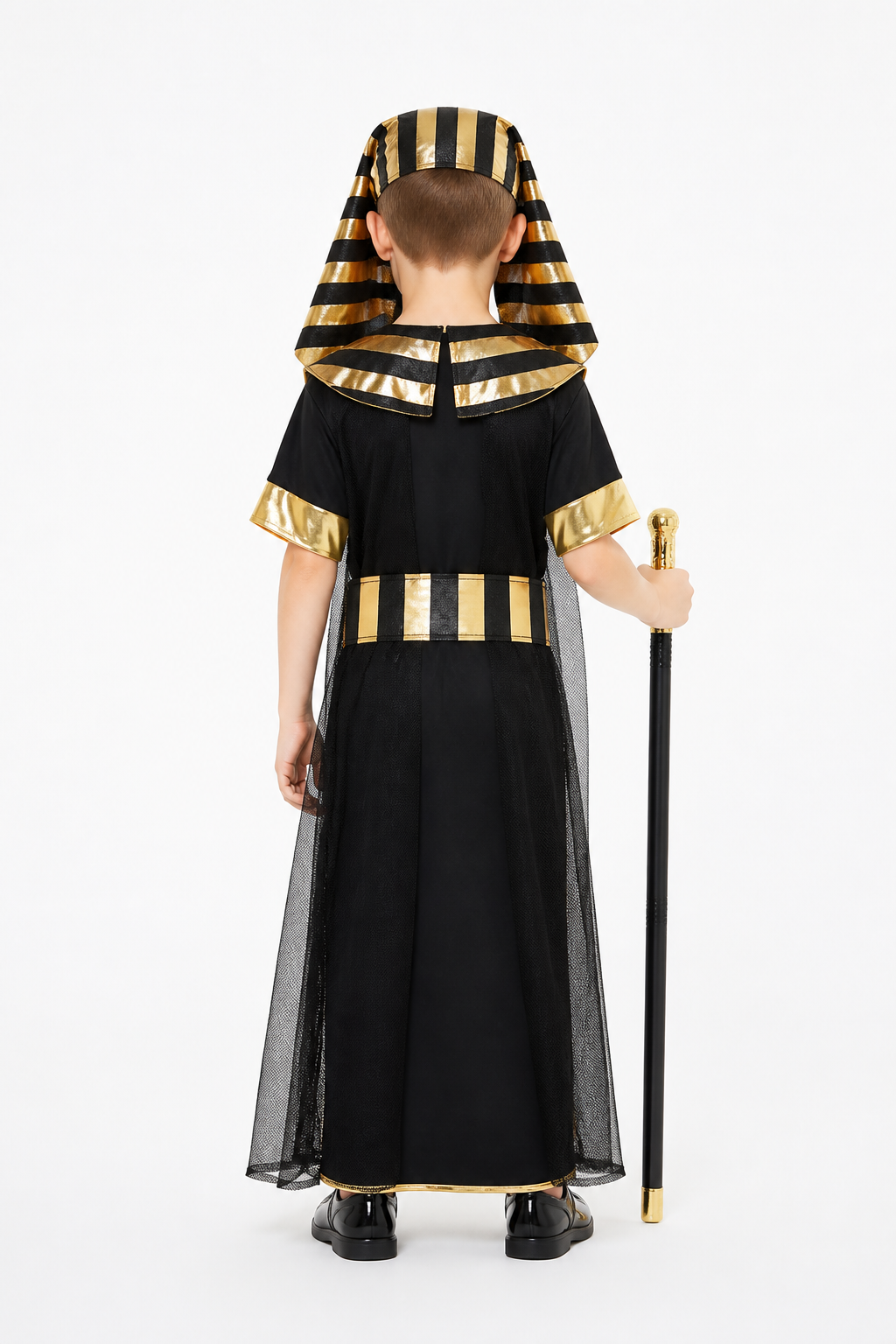 Pharaoh Costume with Headdress and Belt, Black and Gold back view