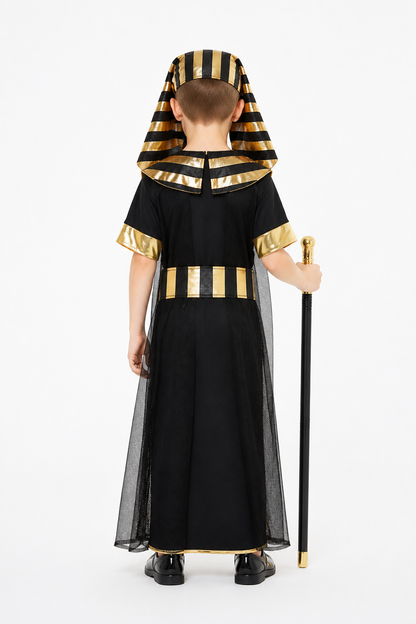 Pharaoh Costume with Headdress and Belt, Black and Gold back view