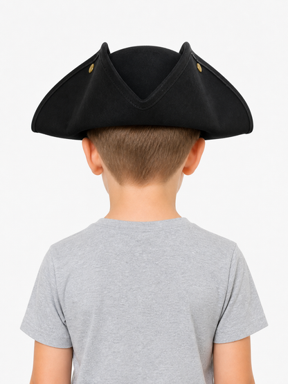 Classic Pirate Hat for Kids, Wide Tricorn Pirate Captain Hat with Raised Pointed Sides and Gold-Colored Accents for Halloween Costume, Dress-Up Play and Themed Parties
