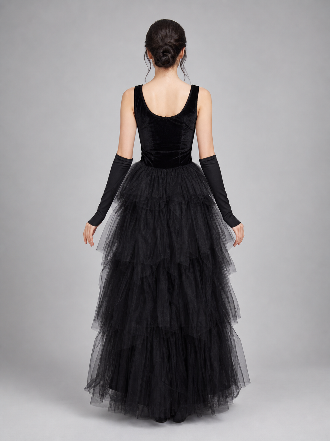 Halloween Costume: Black Dress, Hat, and Gloves