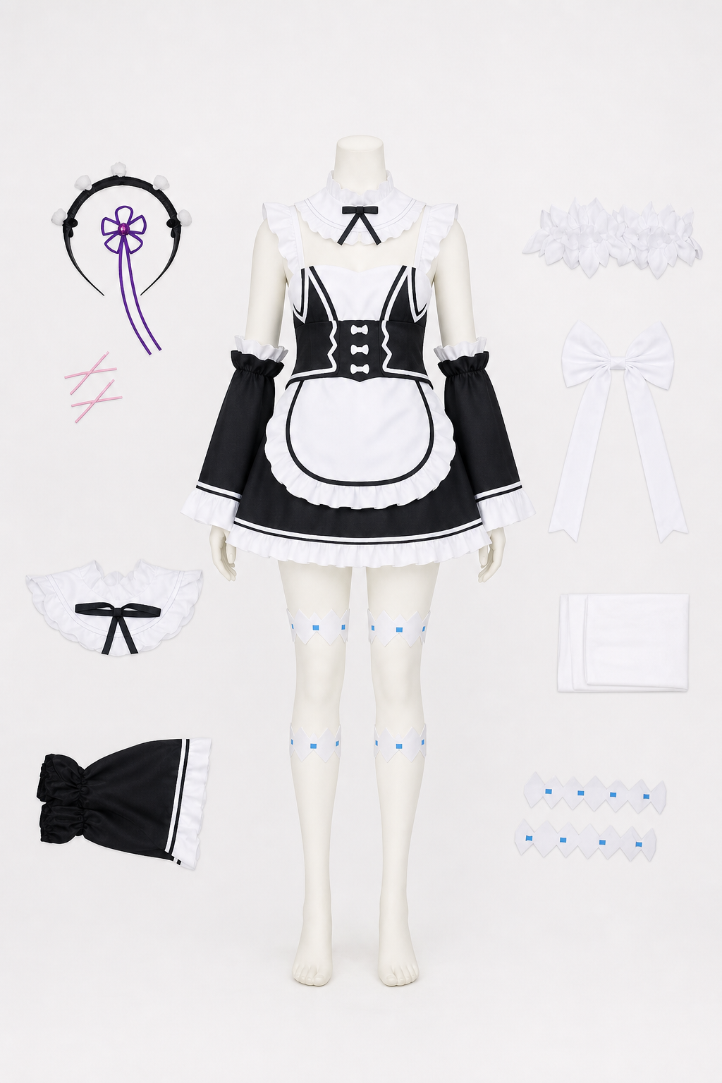 Ram Cosplay Costume with Accessories, Black and White