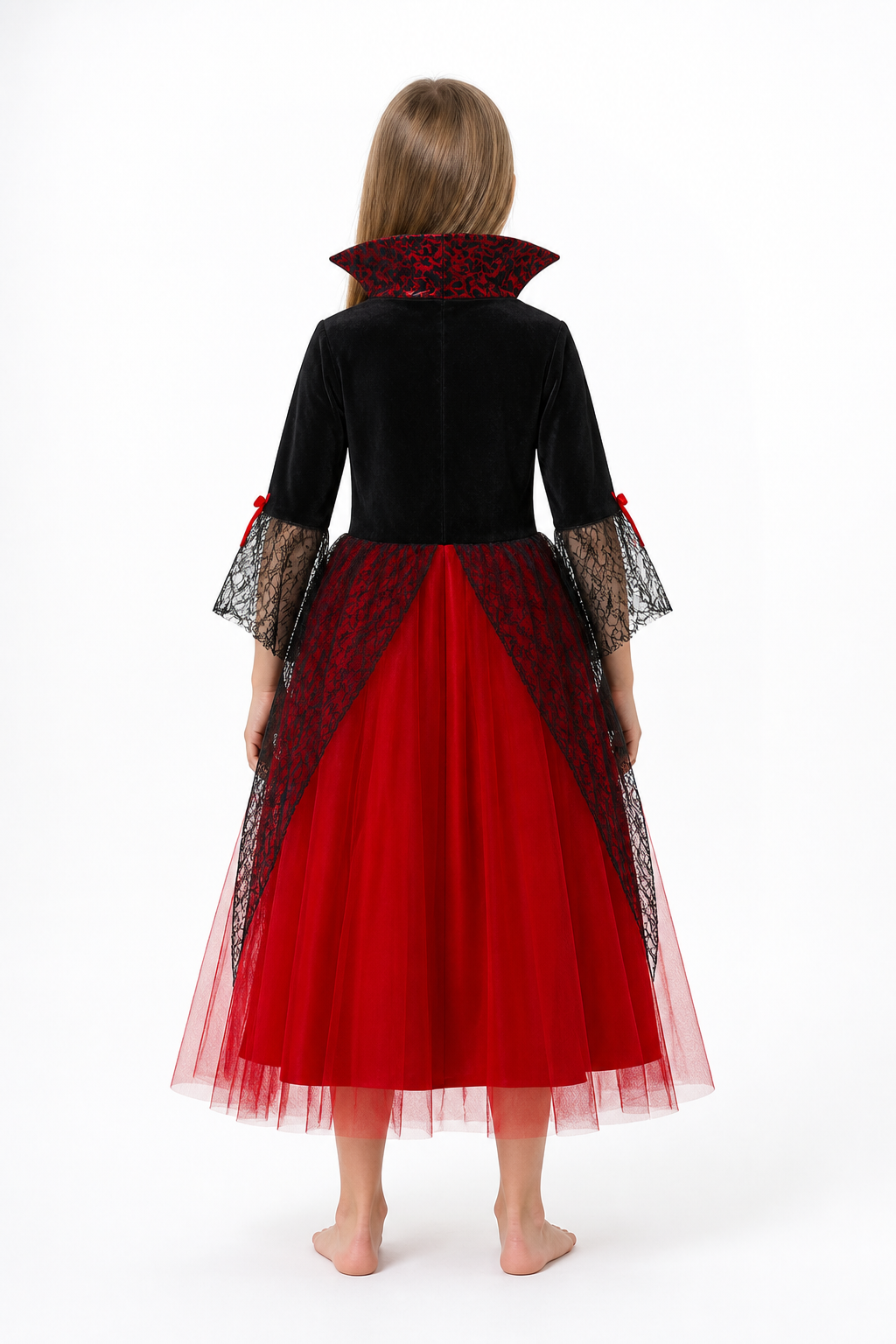 Red and Black Witch Costume with Dress and Hat back view