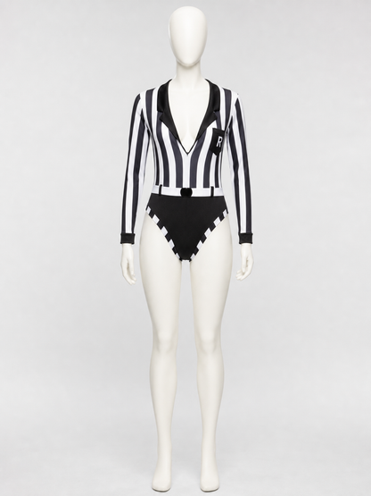 Striped Referee Jumpsuit with Deep V-Neck