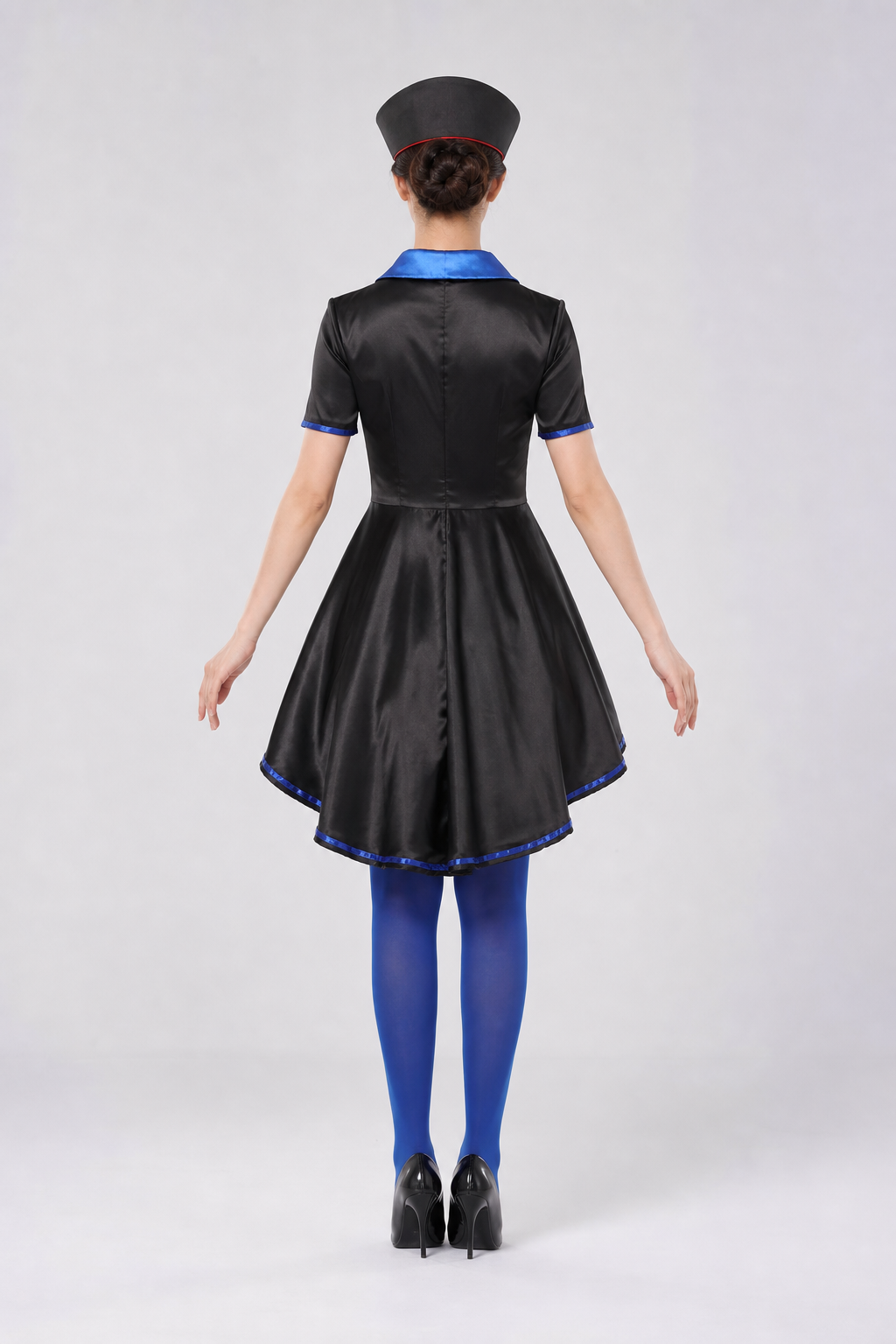 Character Costume: Black Dress with Blue Trim back view