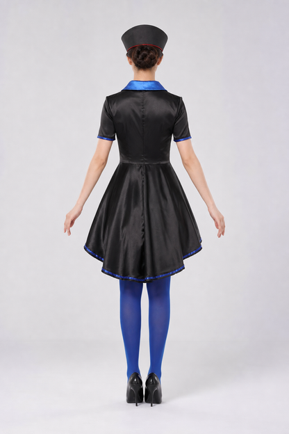 Character Costume: Black Dress with Blue Trim back view