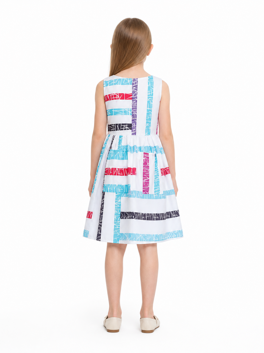 Children's sleeveless dress with geometric stripes back view