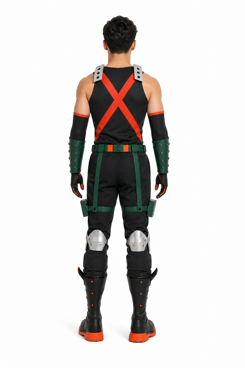 Anime cosplay costume with green bracers back view