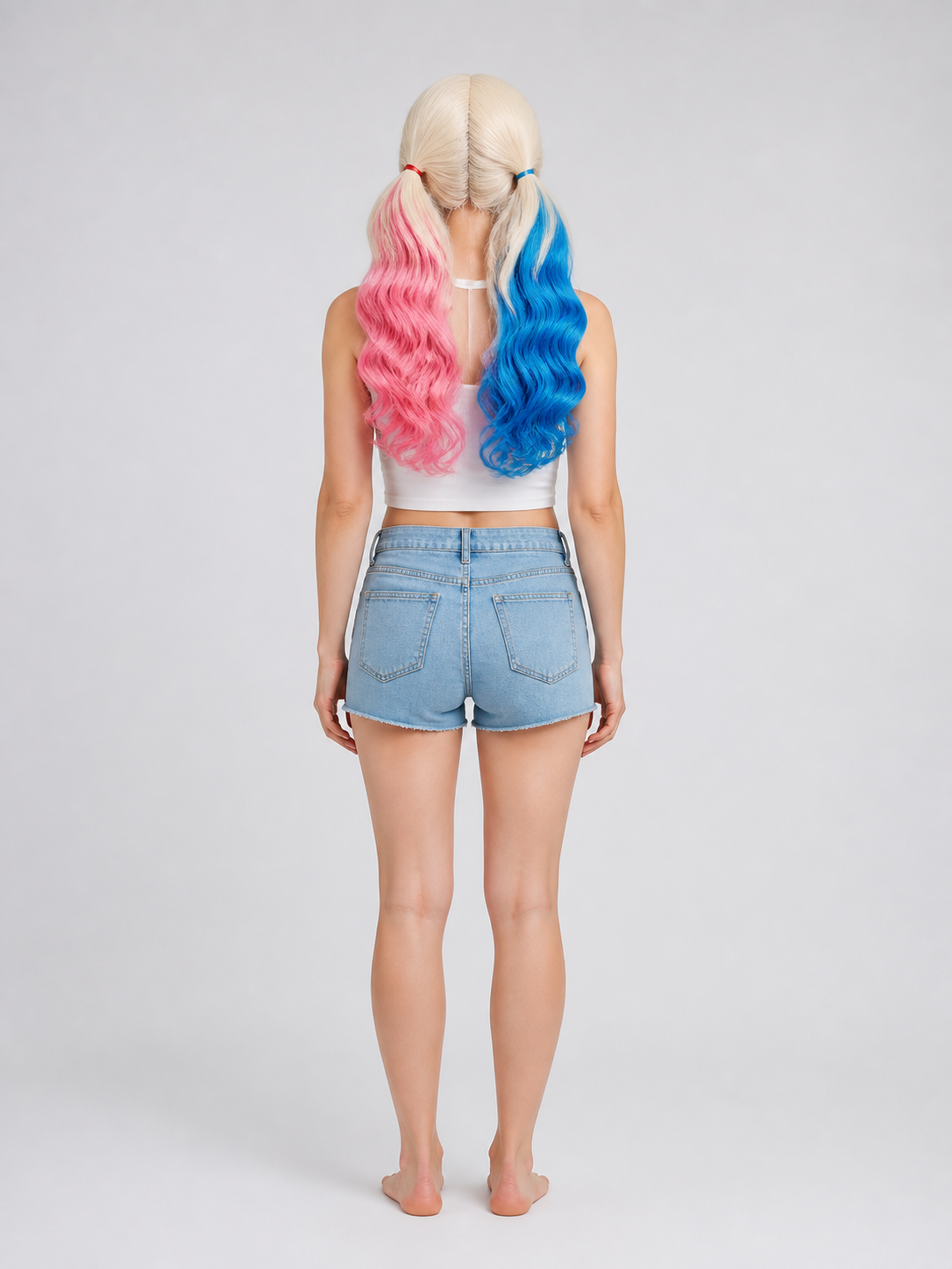 Long Two-Tone Carnival Wig: Pink and Blue back view