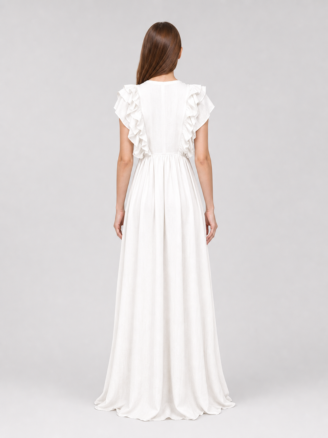 White Floor-Length Dress with a V-Neckline and Ruffled Sleeves