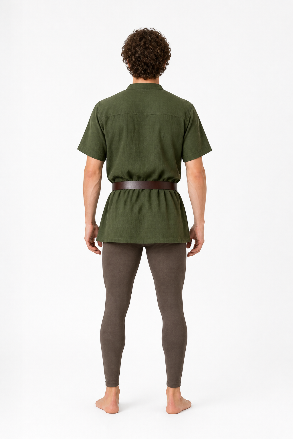 Khaki Loose Tunic with Ties, Stand Collar, and Short Sleeves back view