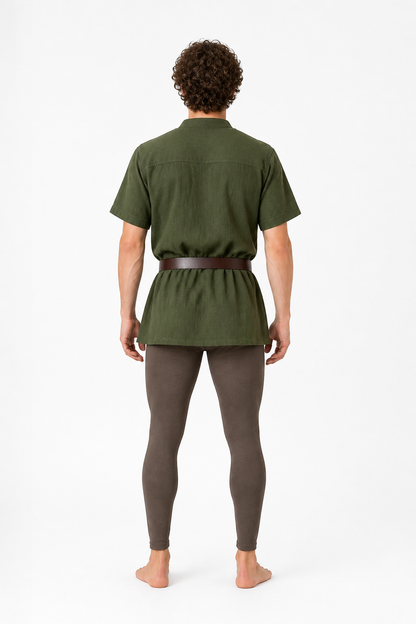 Khaki Loose Tunic with Ties, Stand Collar, and Short Sleeves back view