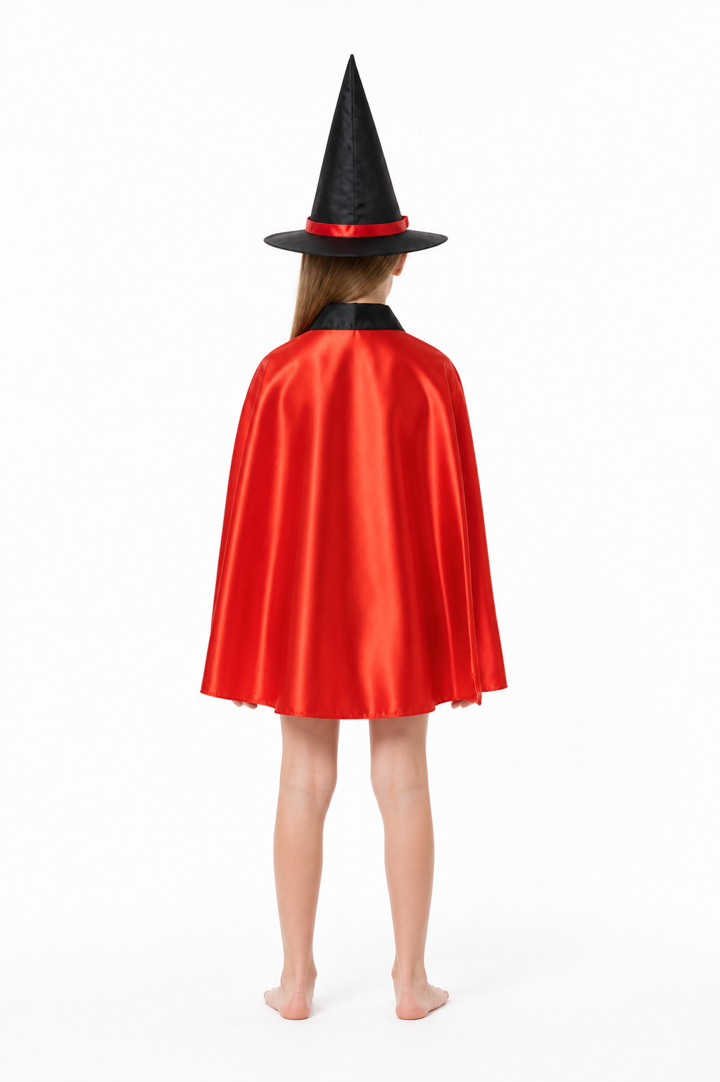Red and Black Carnival Cape with a Wide-Brimmed Hat back view