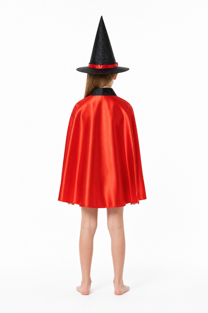 Red and Black Carnival Cape with a Wide-Brimmed Hat back view
