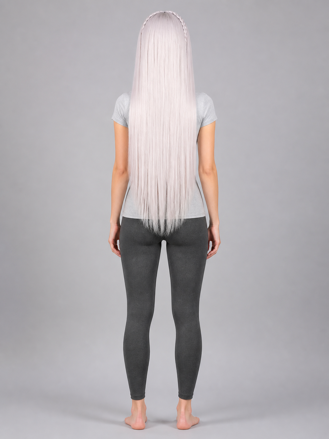 Long Silver Cosplay Wig with Bangs back view