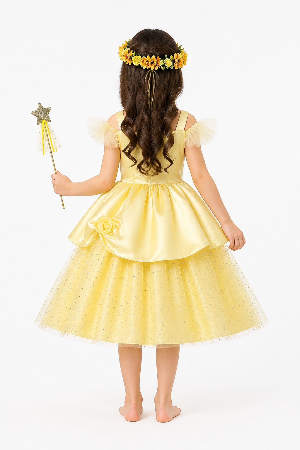 Carnival costume with dress, wig, and wand back view