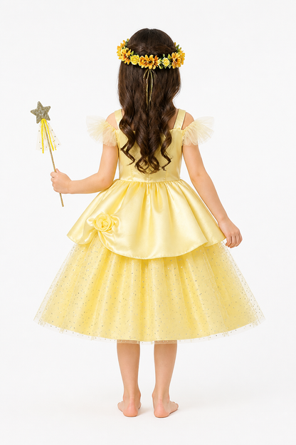 Carnival costume with dress, wig, and wand back view