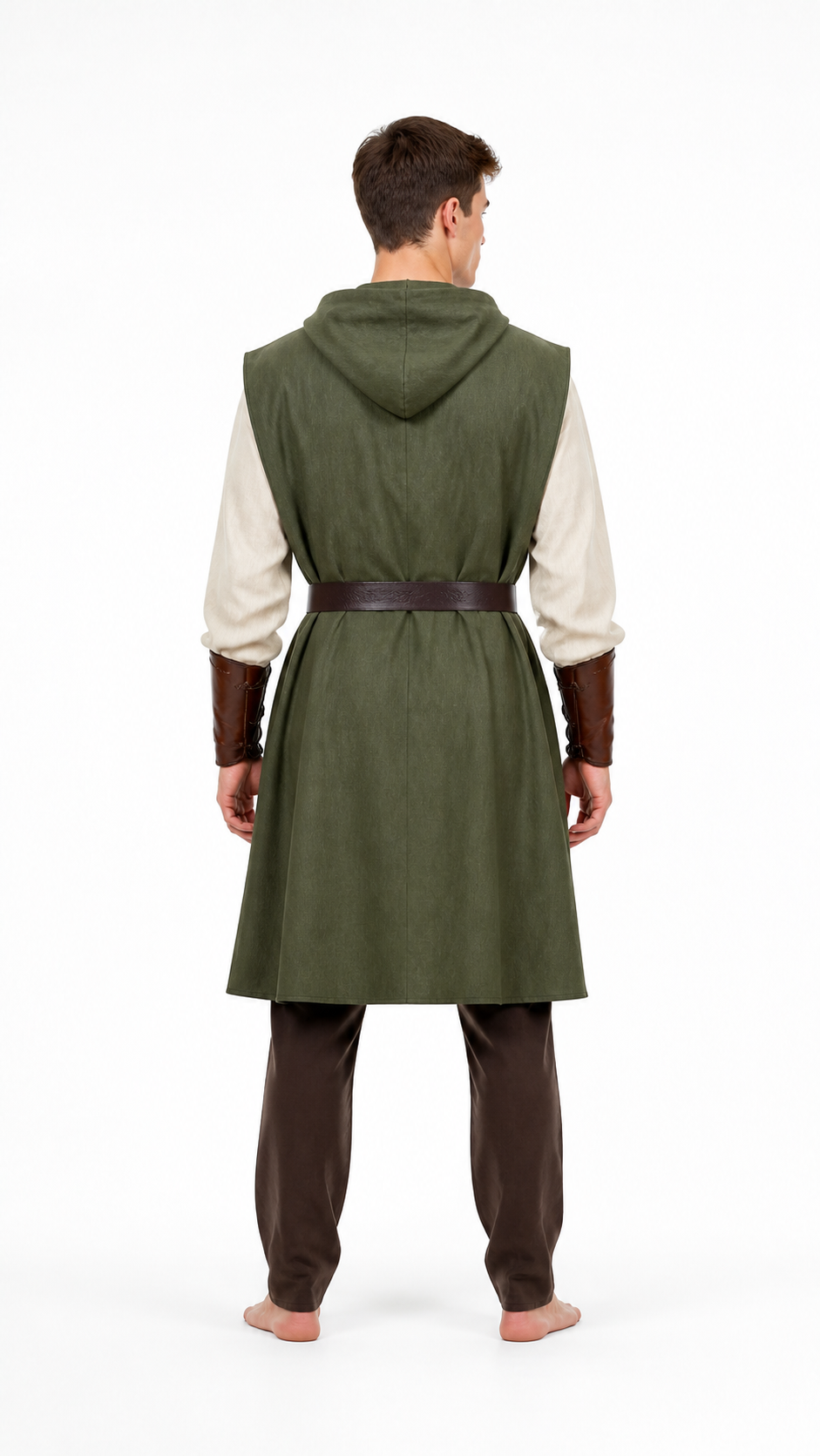 Medieval Fantasy Role Play Costume Set, 2-Piece Olive Green Hooded Sleeveless back view 3