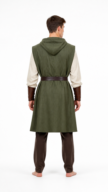 Medieval Fantasy Role Play Costume Set, 2-Piece Olive Green Hooded Sleeveless back view 3