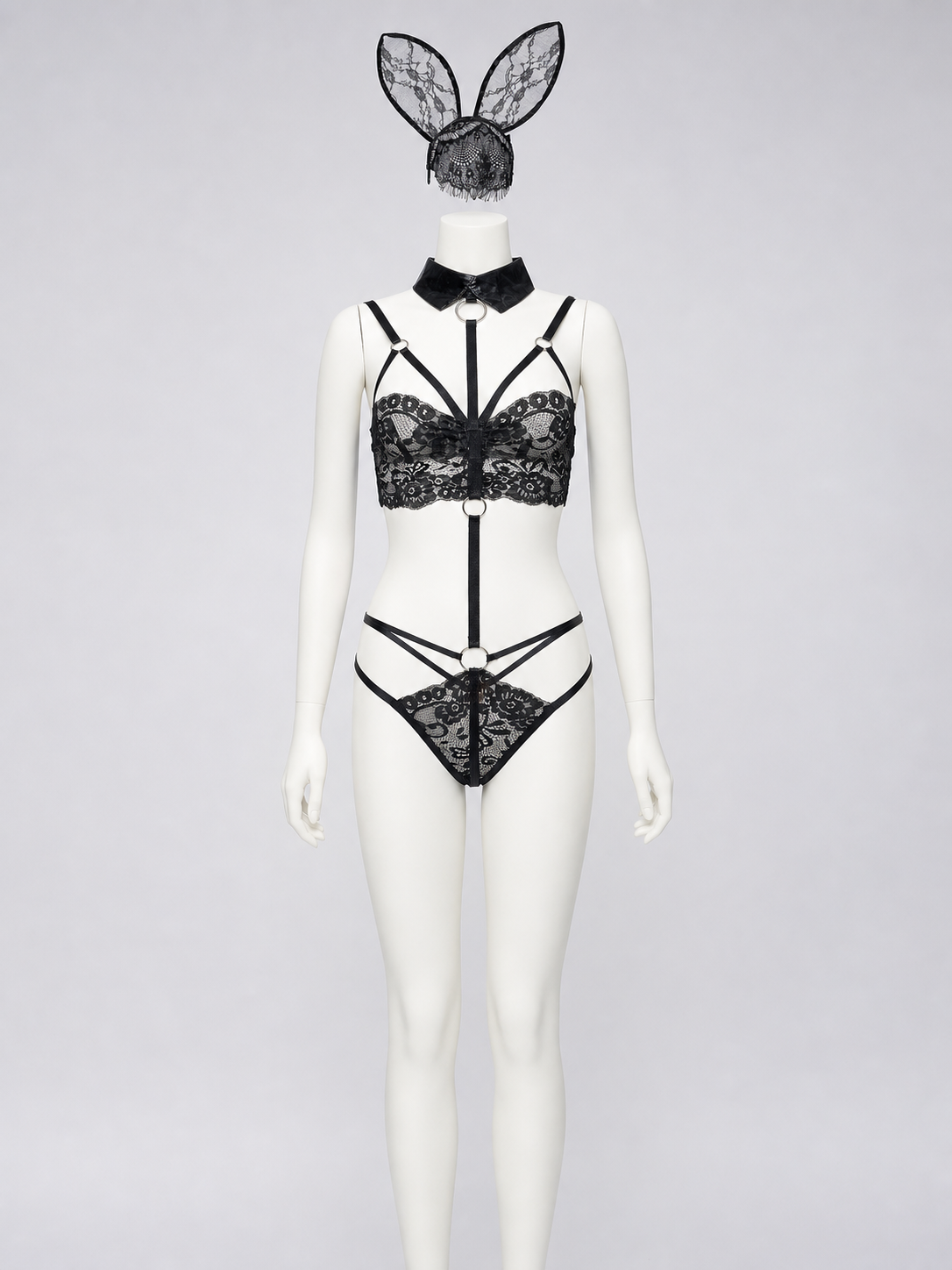Lace Bunny Costume with Ears and Decorative Straps