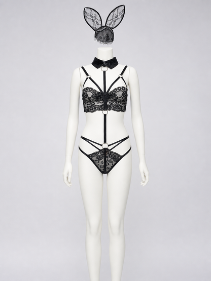 Lace Bunny Costume with Ears and Decorative Straps