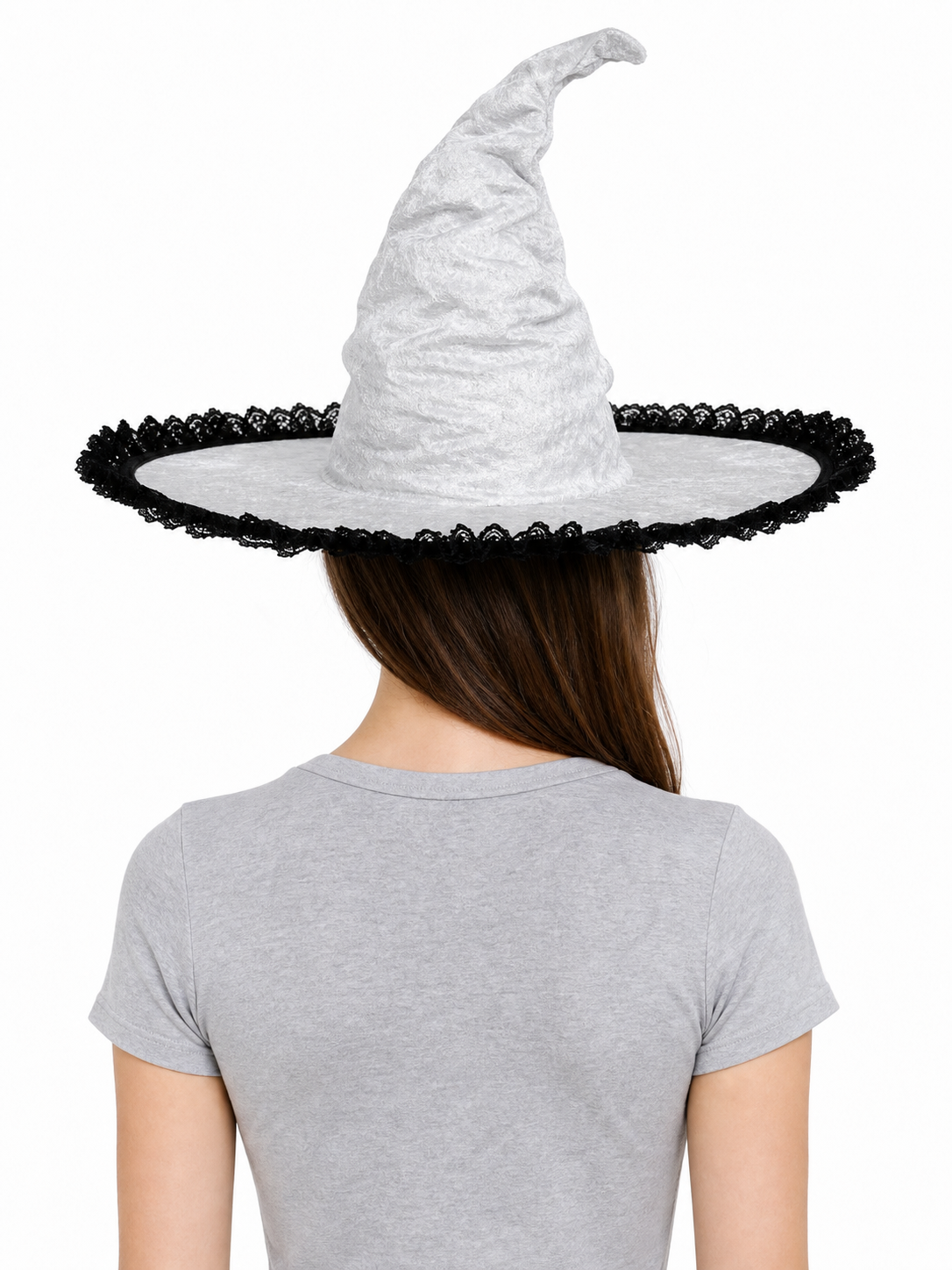Light Gray White Halloween Witch Hat with Black Lace Trim, Tall Bent Pointed Crown and Wide Brim for Witch Cosplay Costume Party