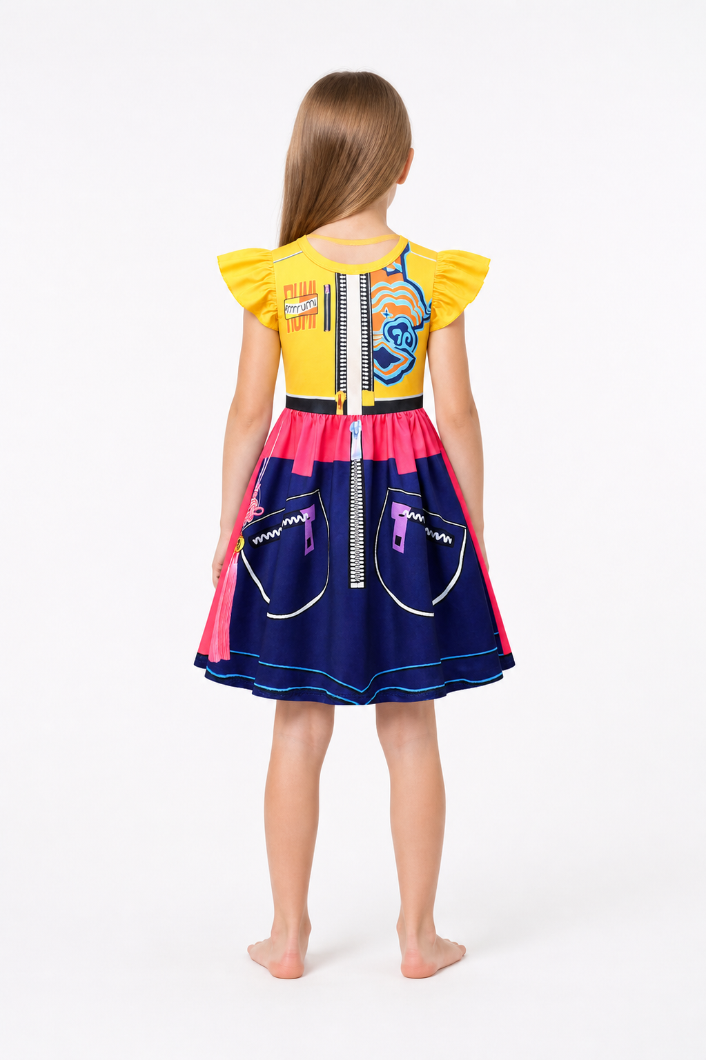 Colorful Children's Dress with Lightning Print and Ruffles