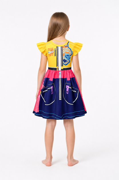 Colorful Children's Dress with Lightning Print and Ruffles