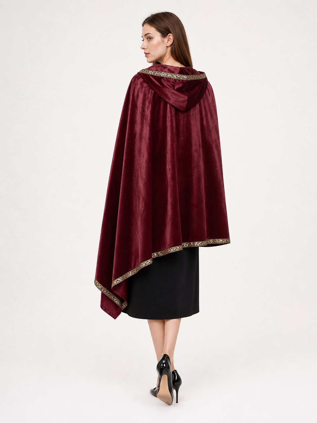 Burgundy velvet-look hooded costume cape product view 47