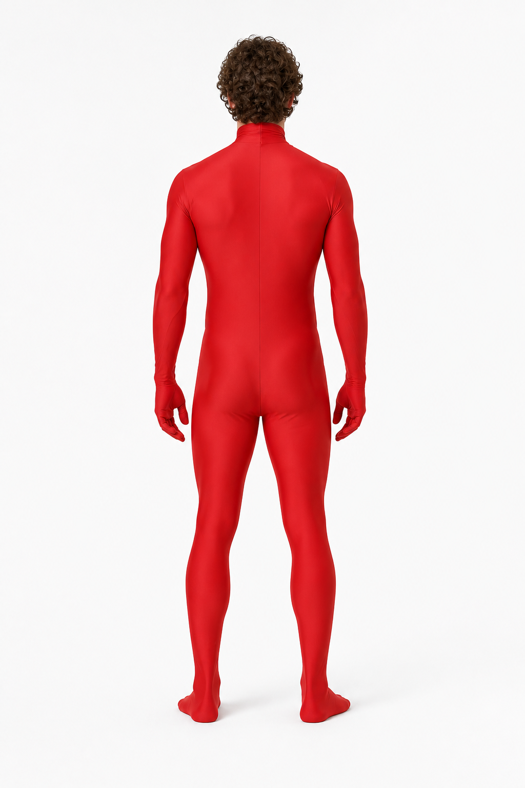 Red Zentai Suit with Open Face and Hood back view
